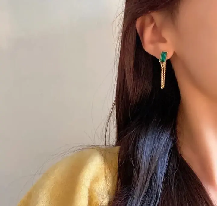 Picture of Green Crystal Square for Metal Chain Tassel Earings Gold