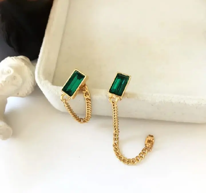 Picture of Green Crystal Square for Metal Chain Tassel Earings Gold