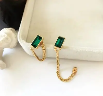 Picture of Green Crystal Square for Metal Chain Tassel Earings Gold