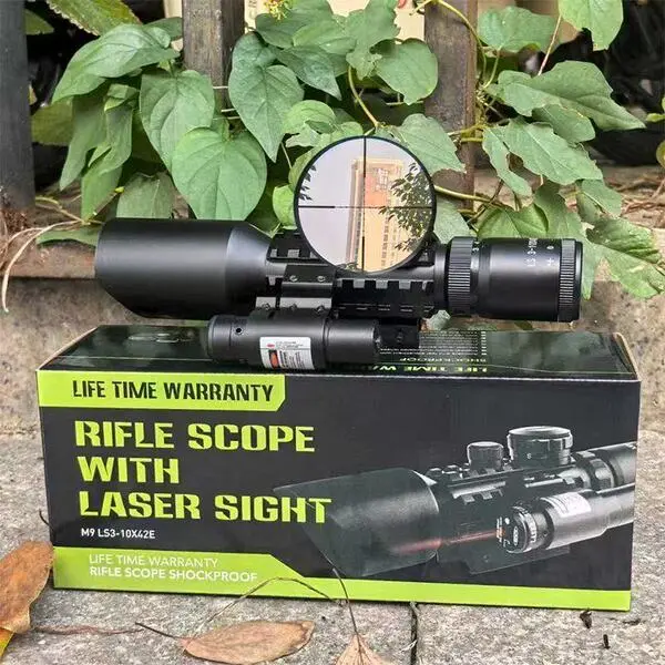 Picture of M9 Rifle Scope monocular telescope view finder metal body high quality single pass 3-10*42 with Red Laser Light Slingshots accessories for outdoor sports target practice adjustable viewing mirror view finder (Black with Laser)