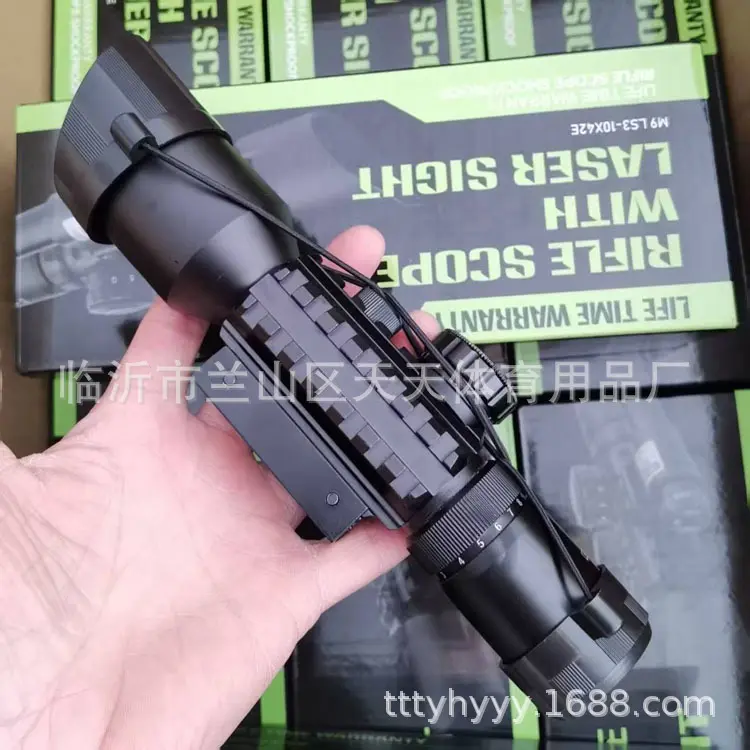 Picture of M9 Rifle Scope monocular telescope view finder metal body high quality single pass 3-10*42 with Red Laser Light Slingshots accessories for outdoor sports target practice adjustable viewing mirror view finder (Black with Laser)