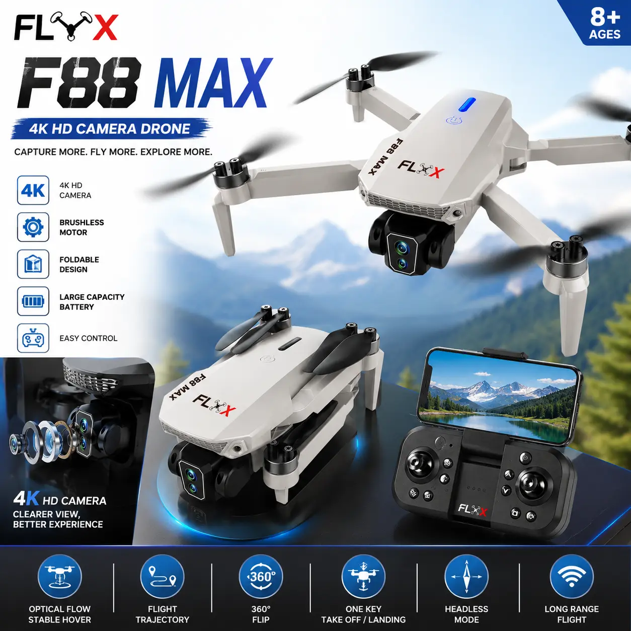 Picture of FLH F88 MAX Remote Rotate Camera Brushless Motor  WiFi Drone for One Key Landing, Optical Flow Hover with 2 Battery