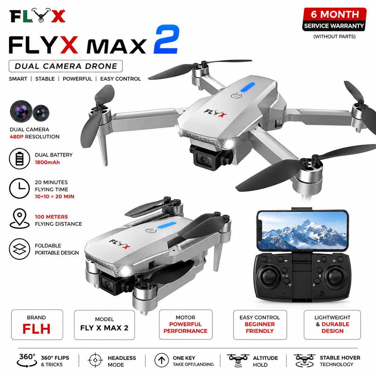 Picture of FLH FlyX Max 2  Drone Duel Camera Duel Battery Long distance flying