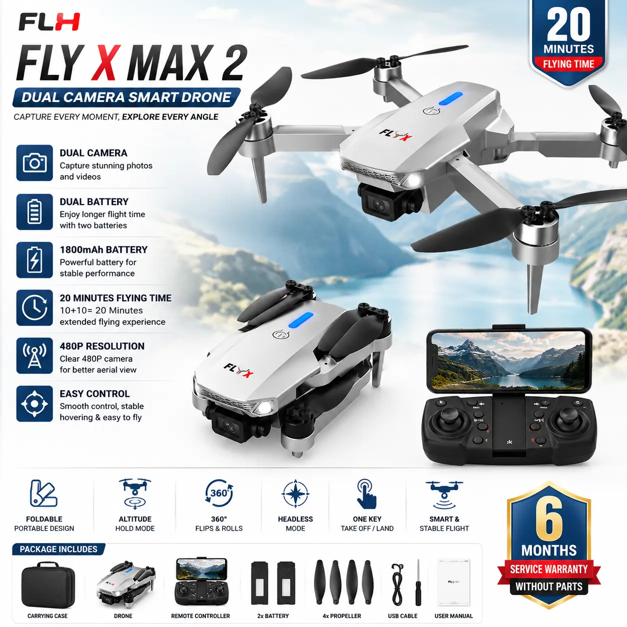Picture of FLH FlyX Max 2  Drone Duel Camera Duel Battery Long distance flying