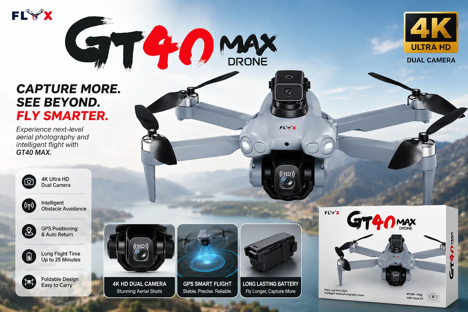 Picture of FLH GT 40  PRO  Drone  RC Remot brushless Version Duel  Battery Duel Camera with 1080 HD