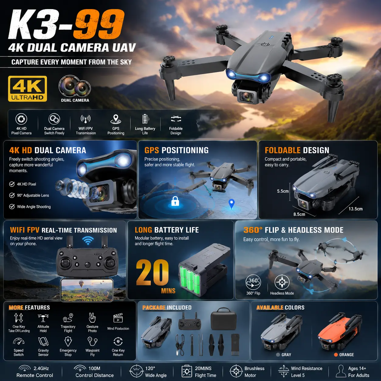 Picture of FLH E99 Pro Dual Camera Dual Battery Folding Camera Wifi Cam app Operator Drone