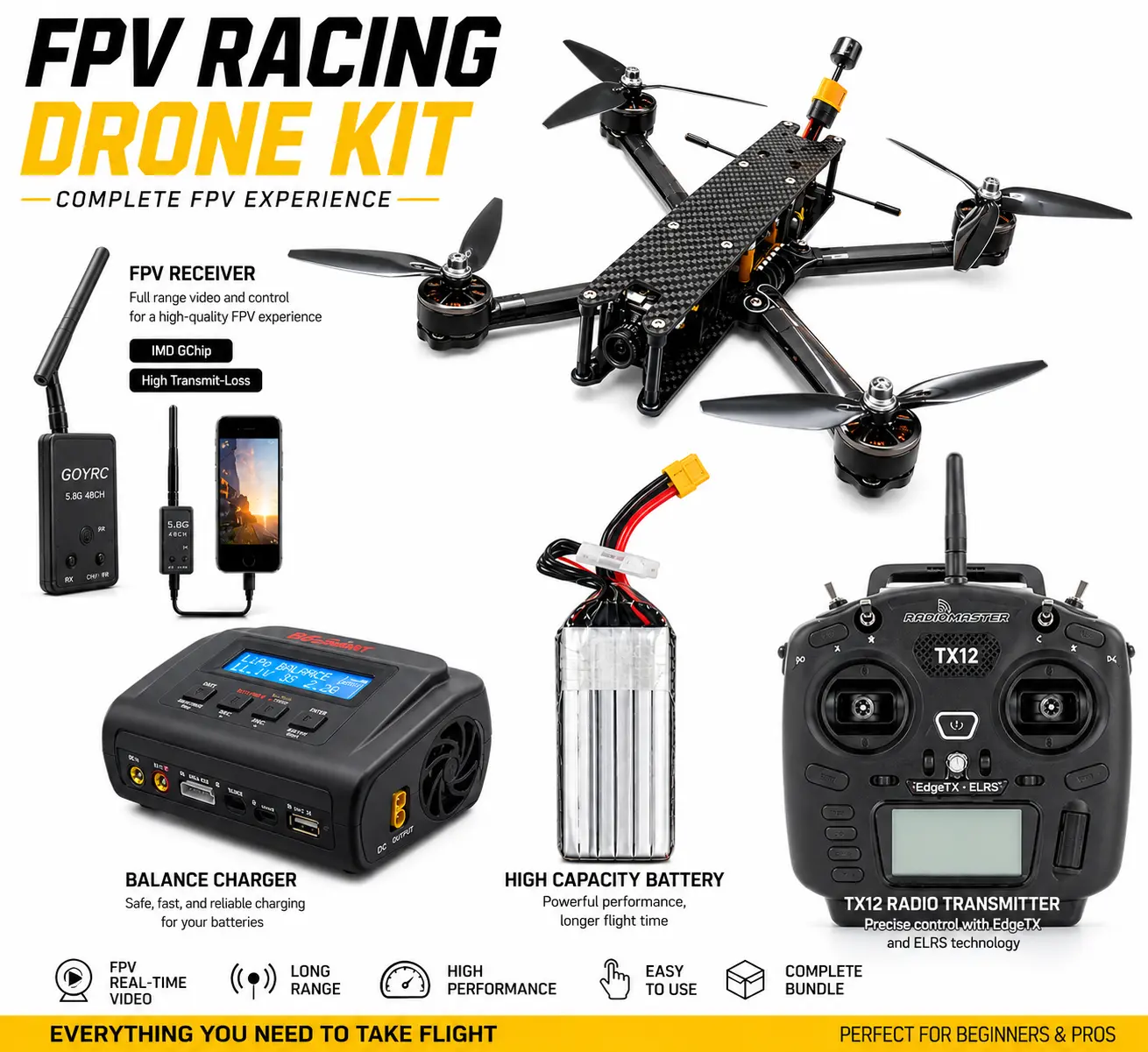 Picture of FLH Cheapest Freestyle Racing FPV Drone Kit 7-inch Payload Long Distance Quad Bike with 720 Camera and  FPV Drone