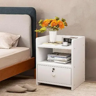 Picture of NRSFurniture Bedside table with lockers drawers -Dormitory bedroom storage cabinet Bedside table - White