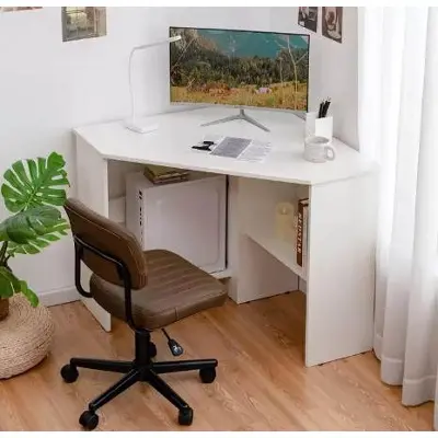 Picture of Corner Desk Triangle Corner Computer Desk for Small Space, Bedroom Corner Desk with Storage Shelves & CPU Stand, Space Saving Corner Writing Desk - White