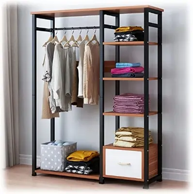 Picture of Best Metal Garment Rack with Wood Shelves Open Wardrobe Freestanding Clothes Garment Organizer