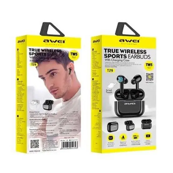 Picture of Awei T29 True TWS Bluetooth Smart Touch Sports Dual Earbuds With Charging Case Black -Black