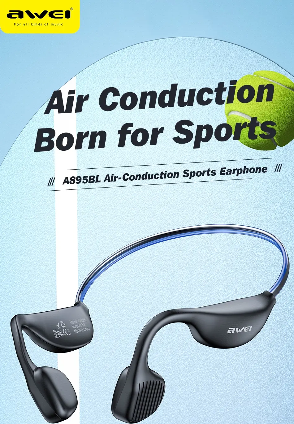 Picture of Awei A895BL Air Conduction Sports Headphones 5.3 Wireless Bluetooth Earphones With LED Light Strip -Black
