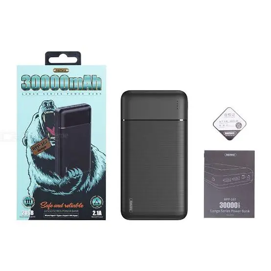 Picture of Remax RPP 167 30000MAh Lango Series Power Bank 2.1A POWER BANK 3 INPUTS 2 OUTPUTS LED INDICATOR -Black