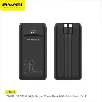 Picture of Awei P169K 20000mAh Power Bank 22.5W Dual Input Dual Output with Built-in Cable -Black