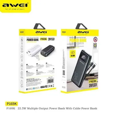 Picture of Awei P169K 20000mAh Power Bank 22.5W Dual Input Dual Output with Built-in Cable -Black