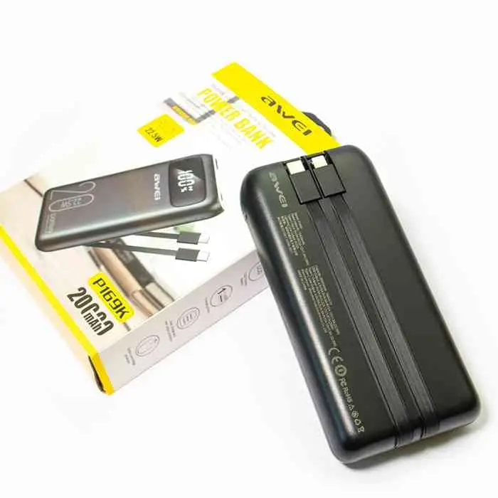 Picture of Awei P169K 20000mAh Power Bank 22.5W Dual Input Dual Output with Built-in Cable -Black