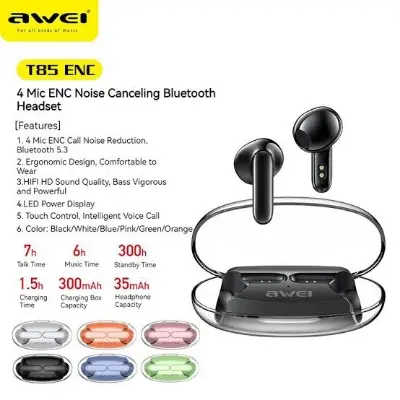 Picture of Awei T85 ENC Gaming Bluetooth Earbuds with Transparent Charging Case Long Life Battery -Black