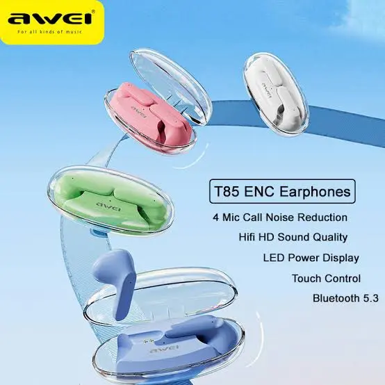 Picture of Awei T85 ENC Gaming Bluetooth Earbuds with Transparent Charging Case Long Life Battery -Black