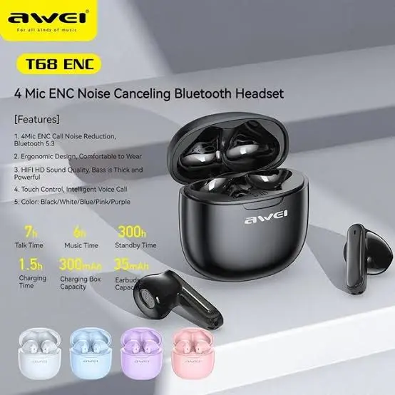 Picture of AWEI T68 Bluetooth 5.3 TWS ENC Noise Reduction with Dual HD Mic -Black