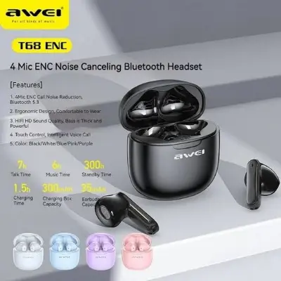 Picture of AWEI T68 Bluetooth 5.3 TWS ENC Noise Reduction with Dual HD Mic -Black