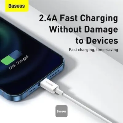 Picture of Baseus Superior Series USB to Lightning-Fast Charging Cable Data Transfer 2.4A for iPhone 13 12 11 Pro Max Mini XS X 8 7 6 5 SE iPad and More 1M Black -White
