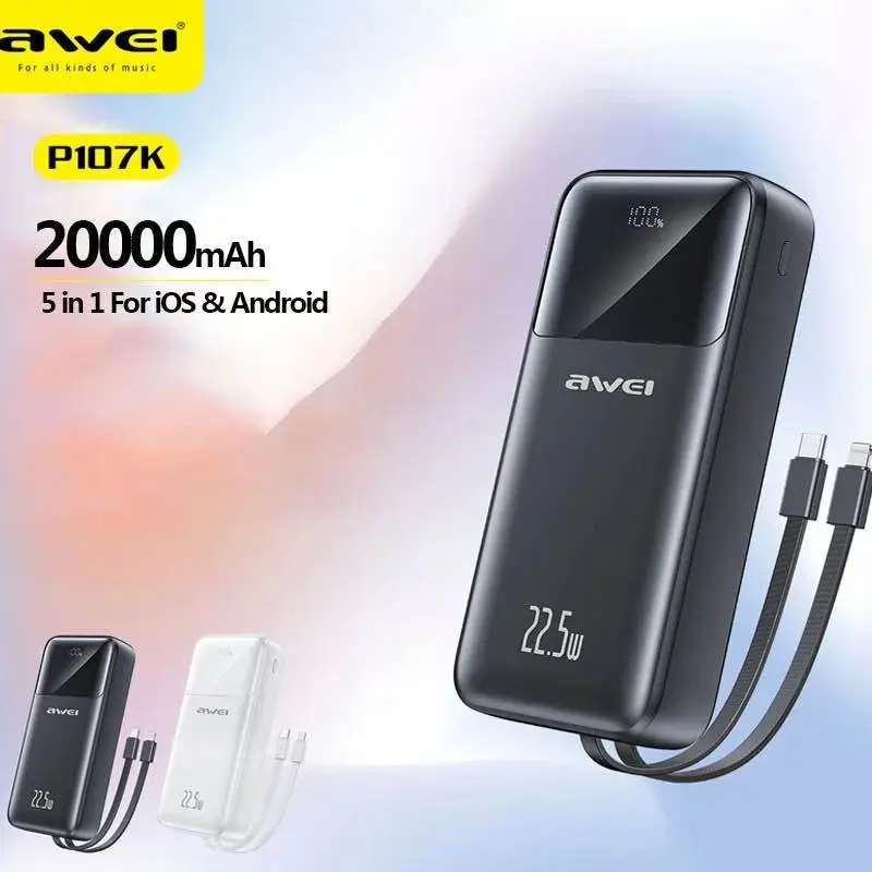 Picture of Awei P107K 20000mAh Powerbank 22.5W Fast charger with Built-in Cable Multiple Protection Long Battery Life for iOS&Android Mobile Phone -Black