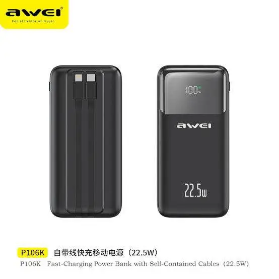 Picture of Awei P107K 20000mAh Powerbank 22.5W Fast charger with Built-in Cable Multiple Protection Long Battery Life for iOS&Android Mobile Phone -Black