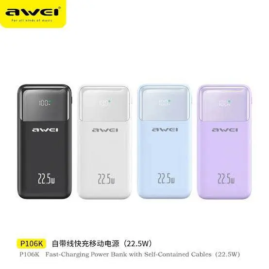 Picture of Awei P107K 20000mAh Powerbank 22.5W Fast charger with Built-in Cable Multiple Protection Long Battery Life for iOS&Android Mobile Phone -Black