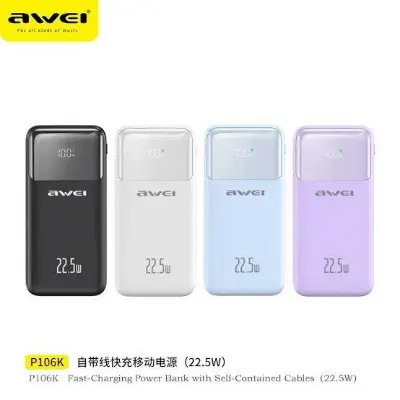 Picture of Awei P107K 20000mAh Powerbank 22.5W Fast charger with Built-in Cable Multiple Protection Long Battery Life for iOS&Android Mobile Phone -Black