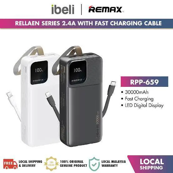 Picture of Remax RPP-659 Rellaen Series 30000mAh Powerbank WithBuilt-In Cable & Digital Display 2.4A -Black