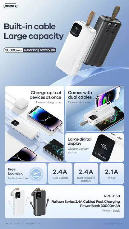 Picture of Remax RPP-659 Rellaen Series 30000mAh Powerbank WithBuilt-In Cable & Digital Display 2.4A -Black