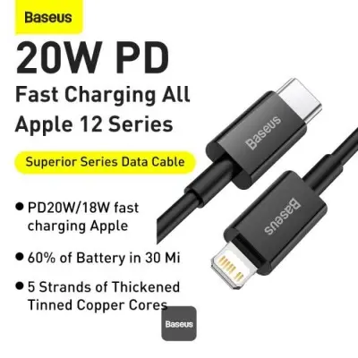 Picture of Baseus Superior Series PD 20W Type-C To Lightning Fast Charging Data Cable 1M - Black -Black
