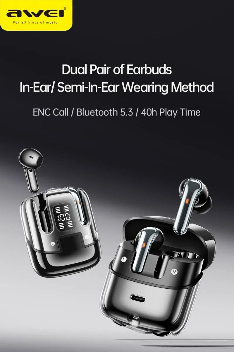 Picture of AWEI T79 ENC TWS Call Noise Canceling Original Heavy Bass True Wireless Earbuds -Black
