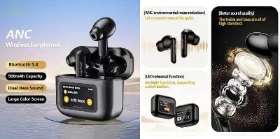 Picture of Awei T56 ANC TWS Earphone With Touch LCD Screen -Black