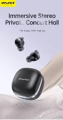 Picture of Awei T78 Bluetooth 5.3 Earphones Wireless 3D Stereo TWS Headphones with Microphones Game In-ear Headset Hifi HD Call Earbuds -Black