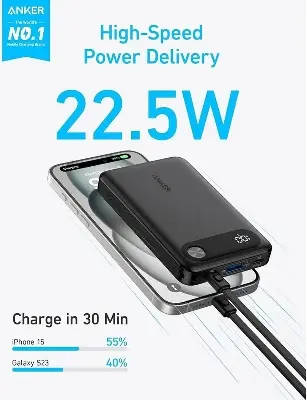 Picture of Anker Powercore Power Bank 10000mAh, 22.5W Portable Charger, USB-C To USB-C Cable, Ultra-Slim And Compact Design, Black -Black