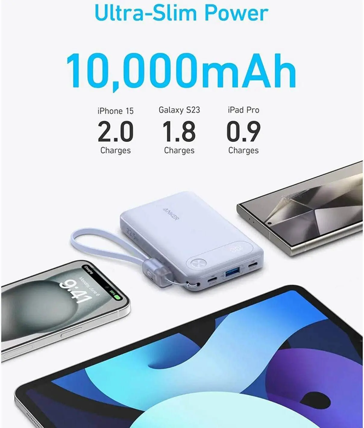 Picture of Anker Powercore Power Bank 10000mAh, 22.5W Portable Charger, USB-C To USB-C Cable, Ultra-Slim And Compact Design, Black -Black