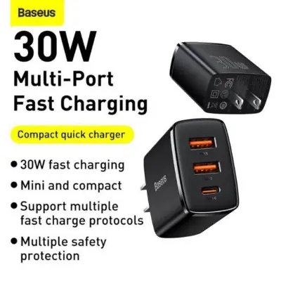 Picture of Baseus 30W USB C Quick Charger Support ~ Type C PD Fast Charging Dual USB Port -Black