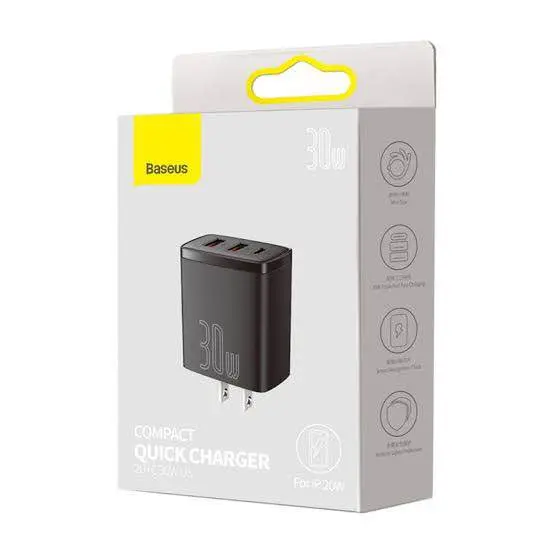 Picture of Baseus 30W USB C Quick Charger Support ~ Type C PD Fast Charging Dual USB Port -Black