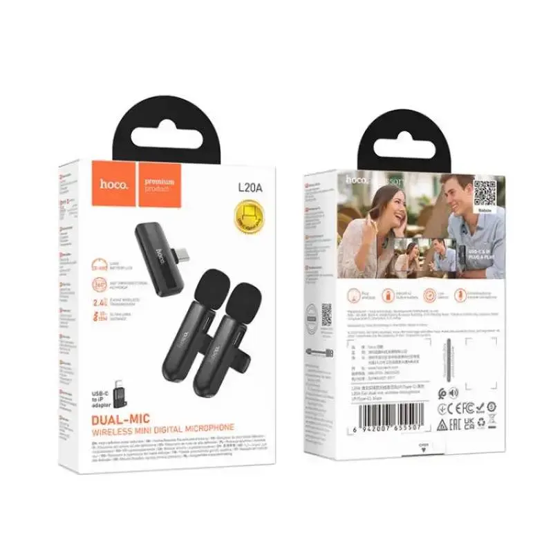 Picture of Hoco L20A Fair Dual Mic Lavalier Wireless Microphone -Black