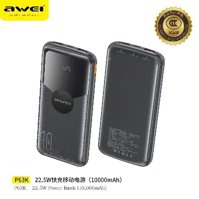 Picture of Awei P63K Power Bank 10000mAh 22.5W Fast Charging Power Bank – Price in Bangladesh -Black