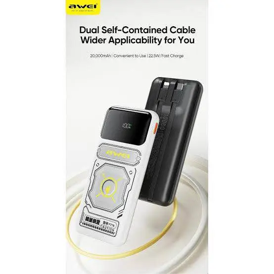 Picture of Awei Powerbank 10000mAh 22.5W P77K Integrated Cable -Black