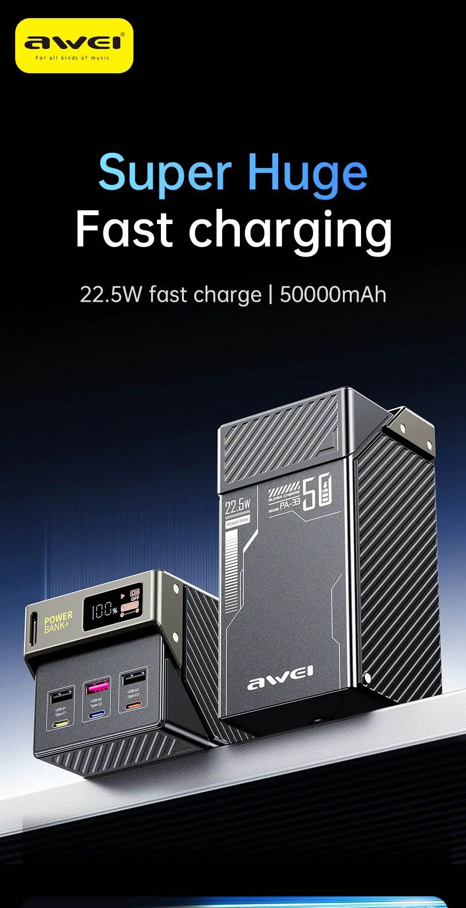 Picture of Awei PA33 50000mAh 22.5W PowerBank -Black