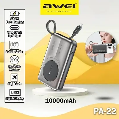 Picture of Awei PA22 10000mAh 22.5W Wireless Built-in Type Cable Power Bank -Black