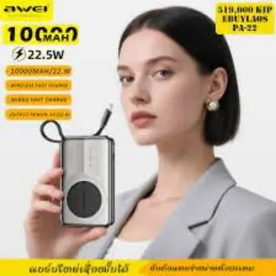 Picture of Awei PA22 10000mAh 22.5W Wireless Built-in Type Cable Power Bank -Black