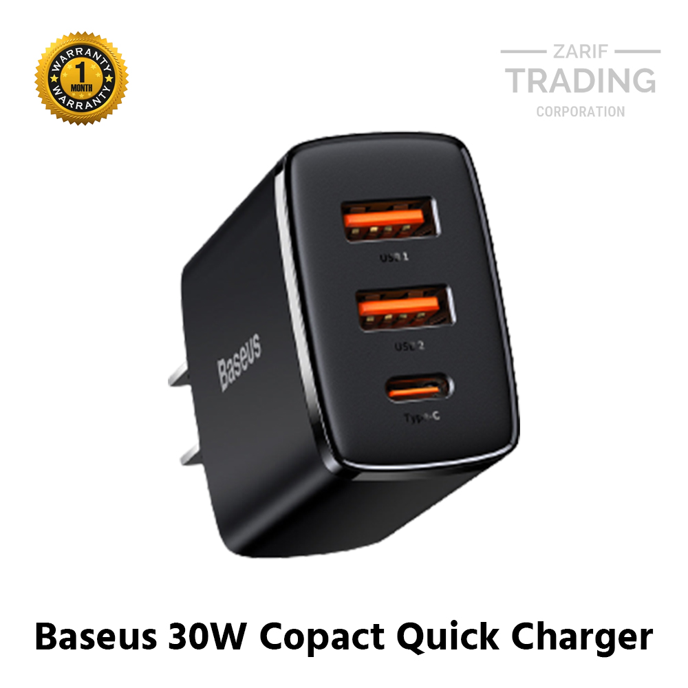 Picture of Baseus 30W USB C Compact Quick Charger Support Type C PD Fast Charging Dual USB Port Portable 3 Ports Fast Phone Charger (Black)