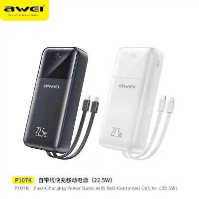 Picture of Awei P107K 20000mAh Powerbank 22.5W Fast charger with Built-in Cable Multiple Protection Long Battery Life for iOS&Android Mobile Phone -Black