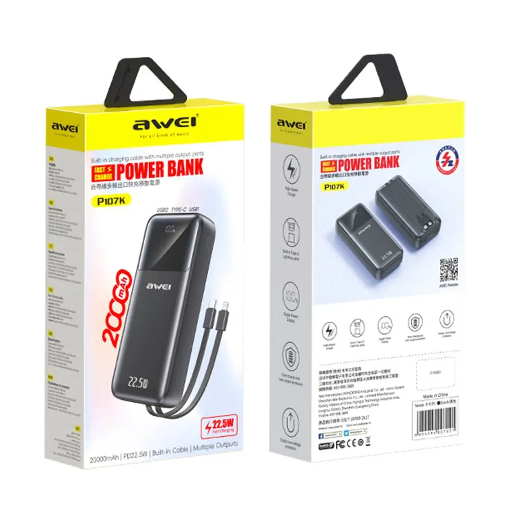 Picture of Awei P107K 20000mAh Powerbank 22.5W Fast charger with Built-in Cable Multiple Protection Long Battery Life for iOS&Android Mobile Phone -Black