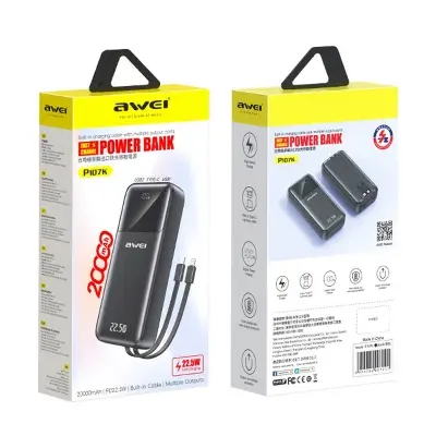 Picture of Awei P107K 20000mAh Powerbank 22.5W Fast charger with Built-in Cable Multiple Protection Long Battery Life for iOS&Android Mobile Phone -Black