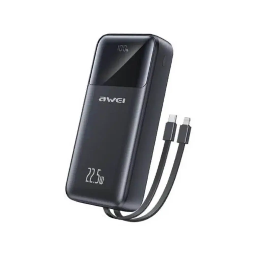 Picture of Awei P107K 20000mAh Powerbank 22.5W Fast charger with Built-in Cable Multiple Protection Long Battery Life for iOS&Android Mobile Phone -Black
